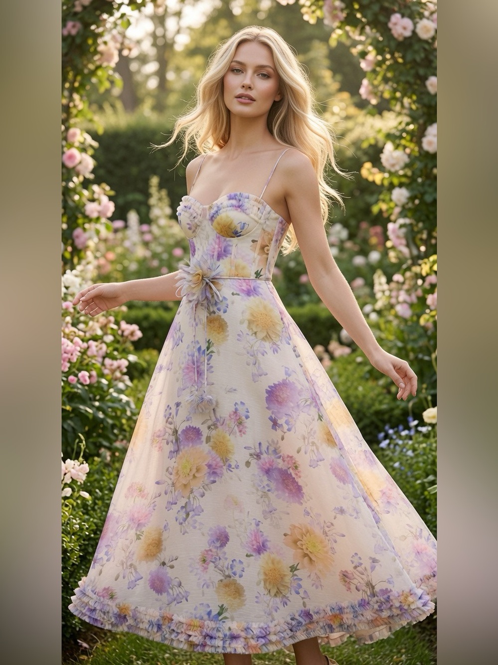 Zimmermann Floral Trim Midi Dress in Cream and Pastel size AU 0 Xsmall